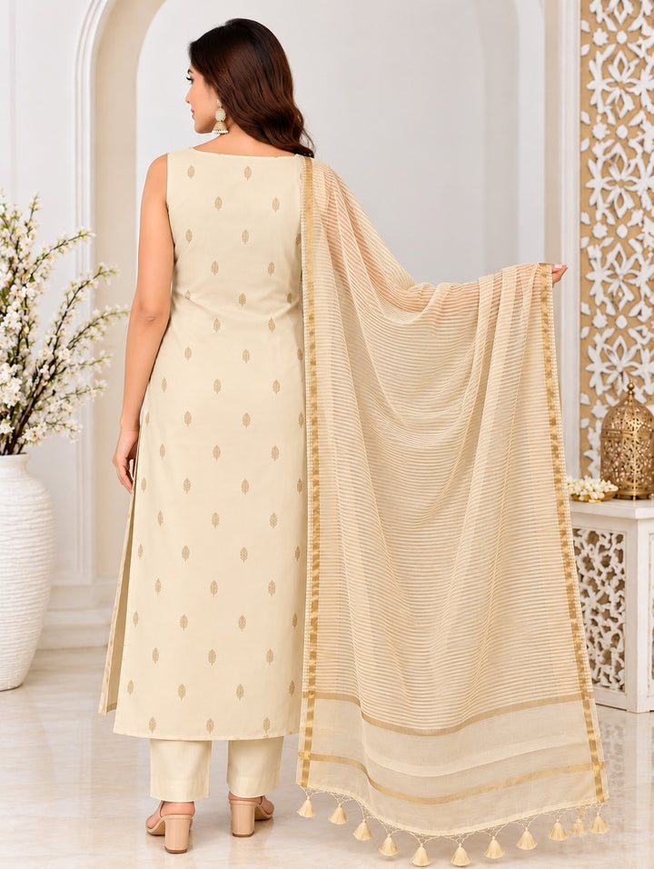 Pure Banarasi Chanderi Silk Suit in Beige Color