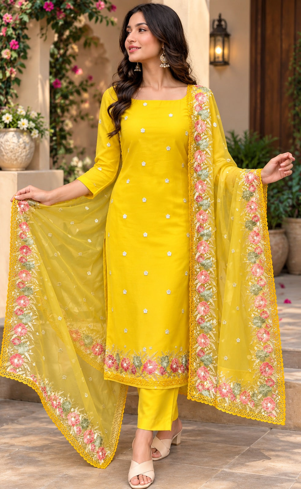 Pure Banarasi Organza Silk Suit in Yellow Color