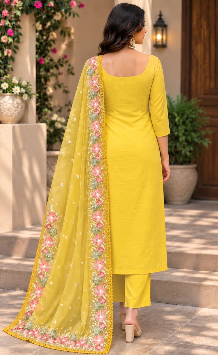 Pure Banarasi Organza Silk Suit in Yellow Color