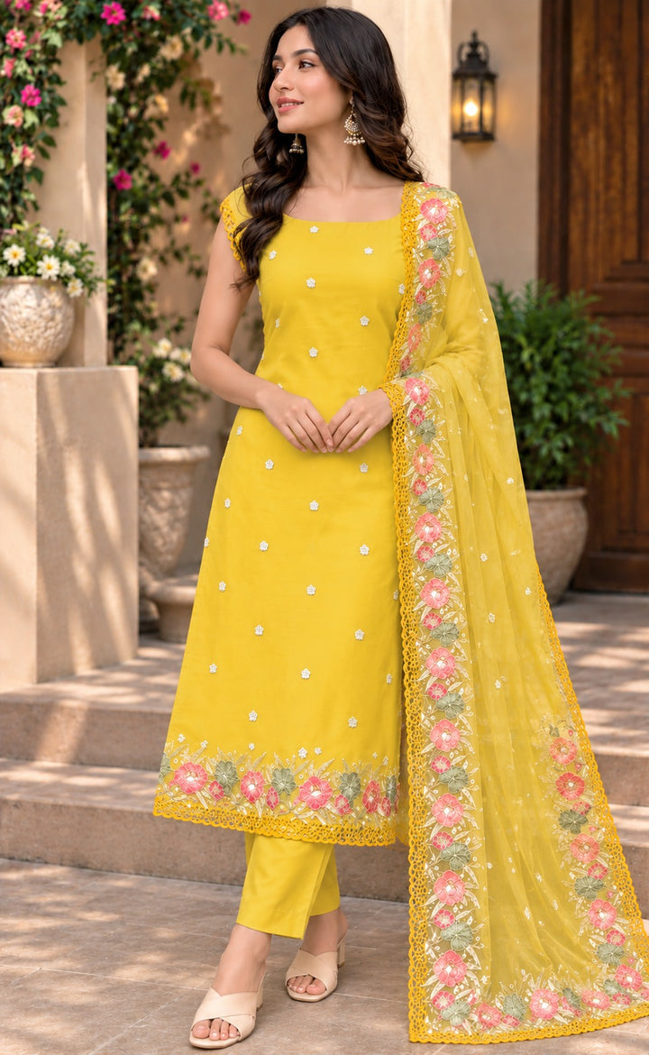 Pure Banarasi Organza Silk Suit in Yellow Color