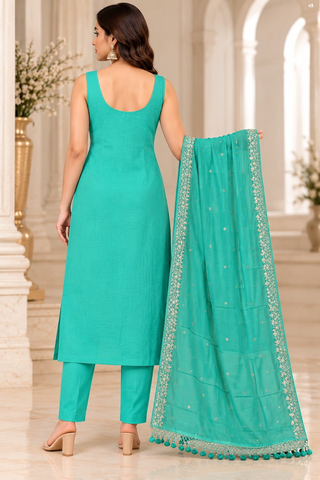 Pure Banarasi Mul Chanderi Suit in Sea Green Color
