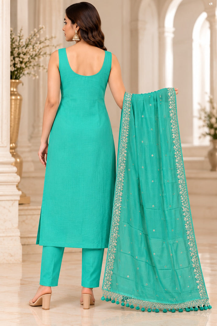 Pure Banarasi Mul Chanderi Suit in Sea Green Color
