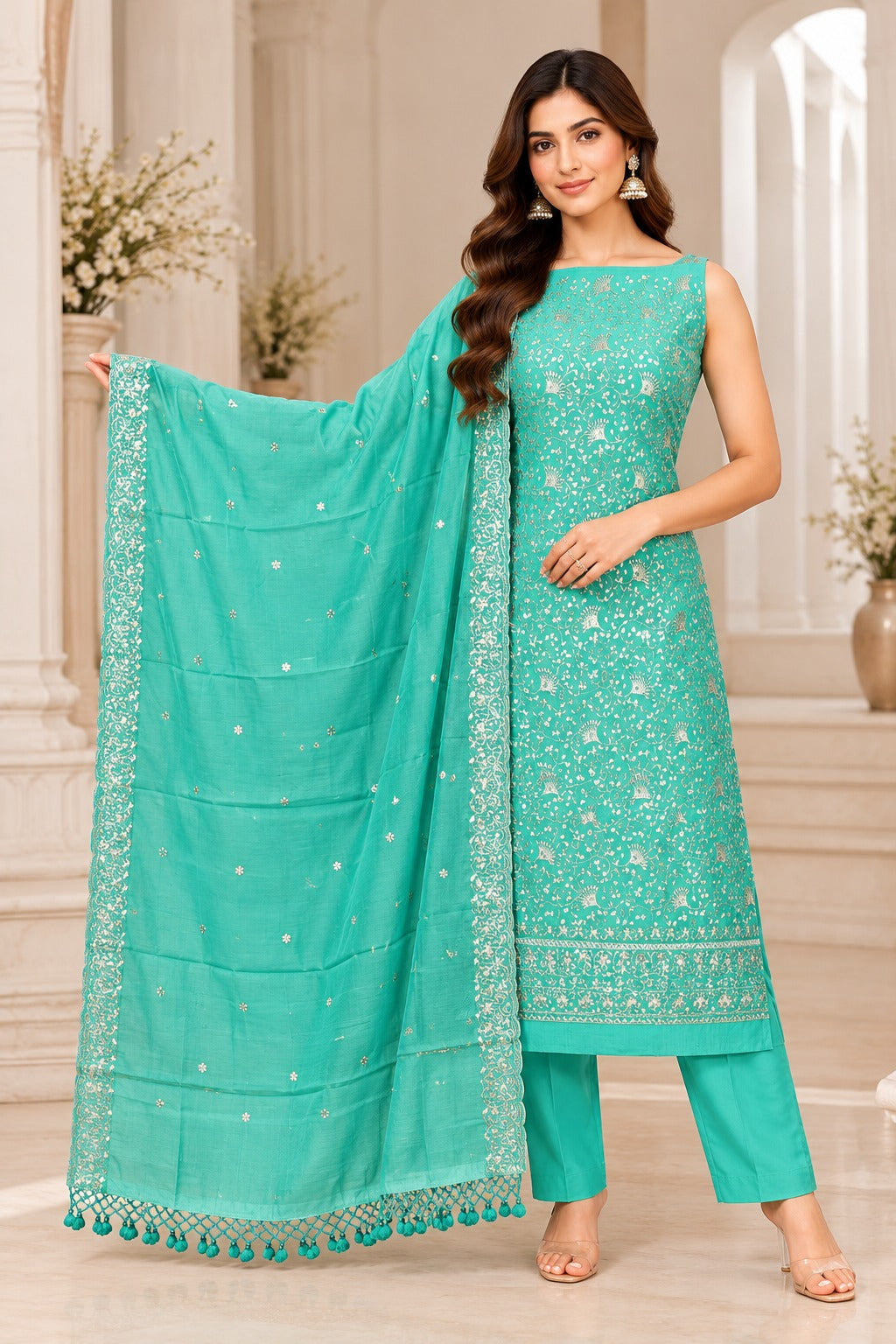 Pure Banarasi Mul Chanderi Suit in Sea Green Color