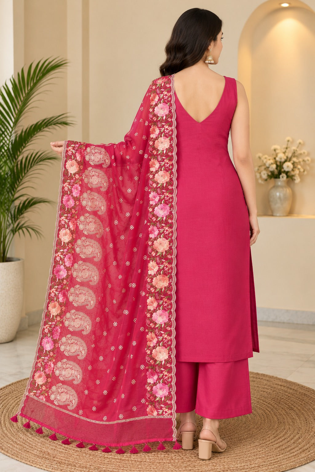 Pure Banarasi Chanderi Silk Suit in Peach Color With Organza Dupatta
