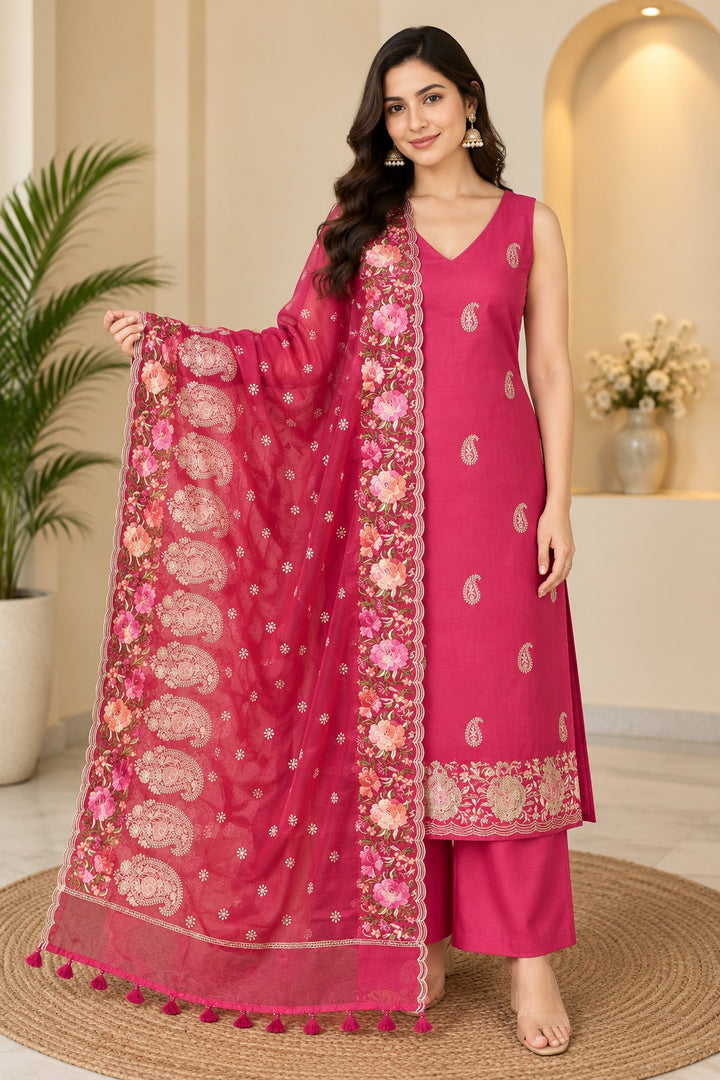Pure Banarasi Chanderi Silk Suit in Peach Color With Organza Dupatta