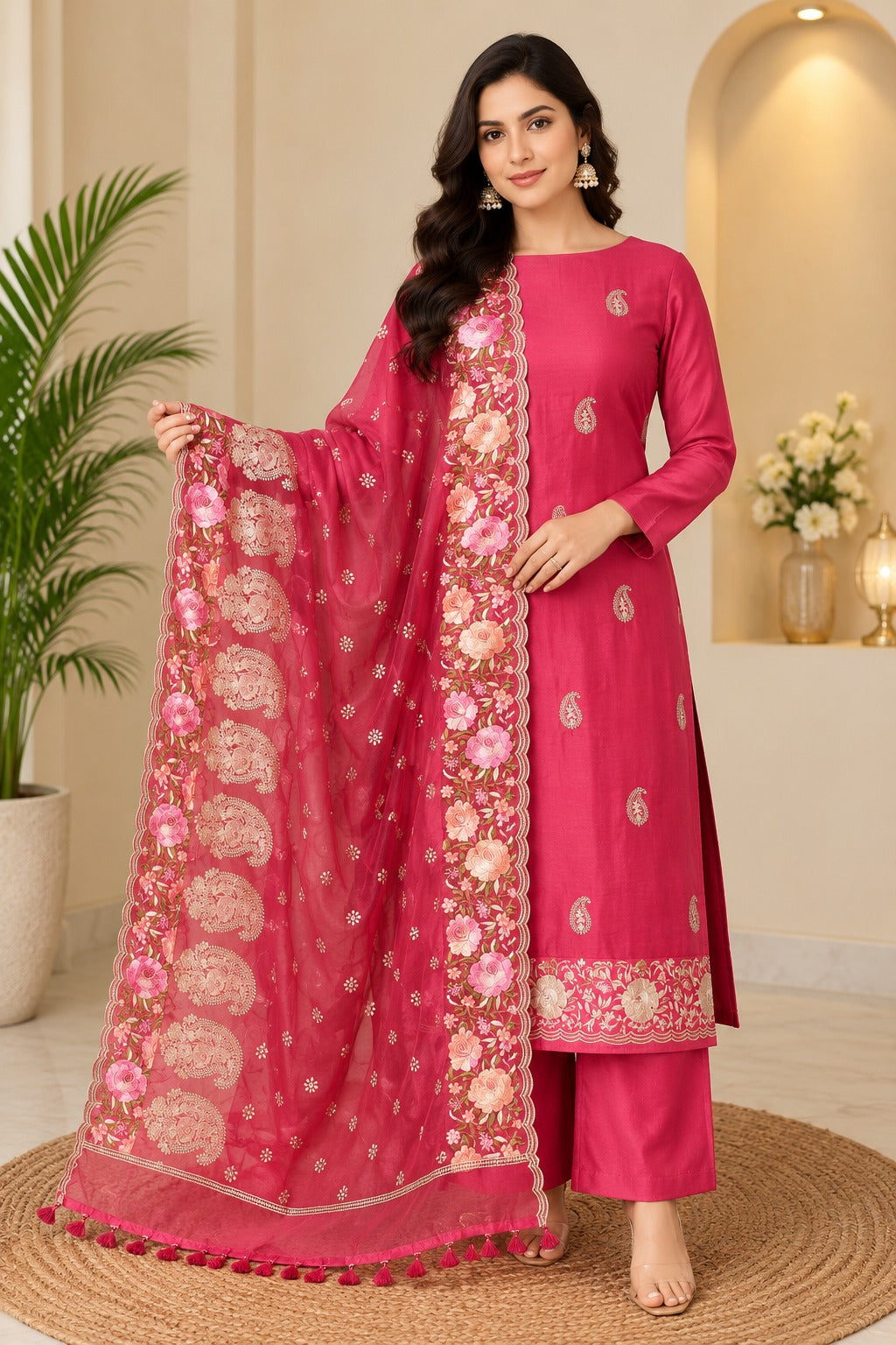 Pure Banarasi Chanderi Silk Suit in Peach Color With Organza Dupatta