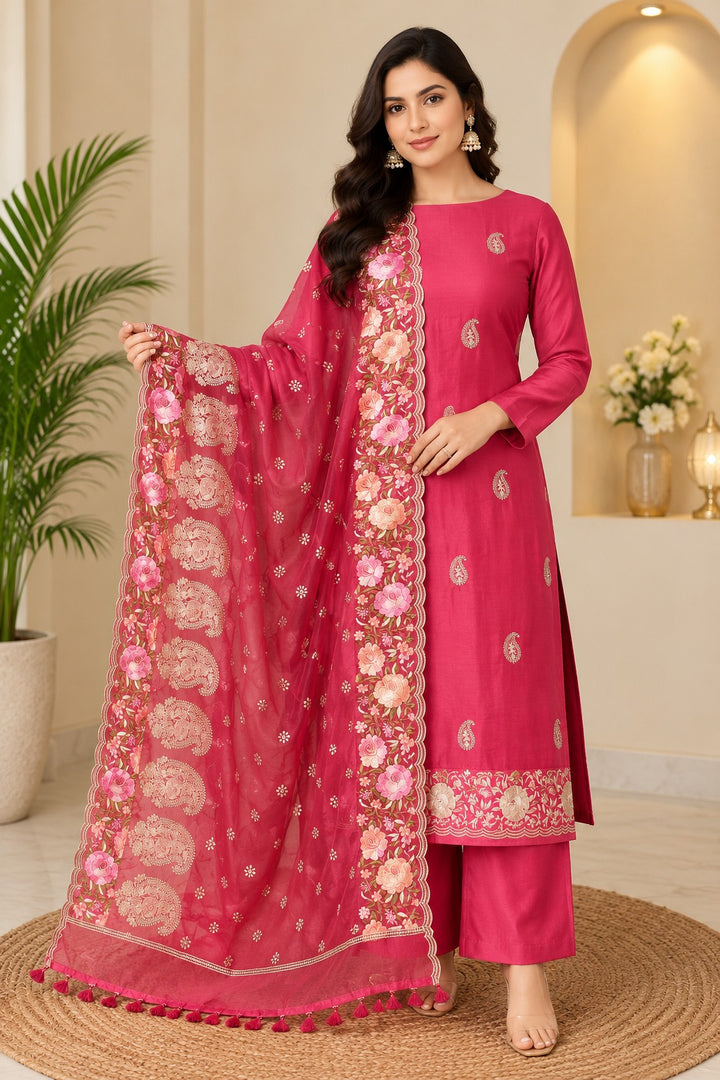 Pure Banarasi Chanderi Silk Suit in Peach Color With Organza Dupatta