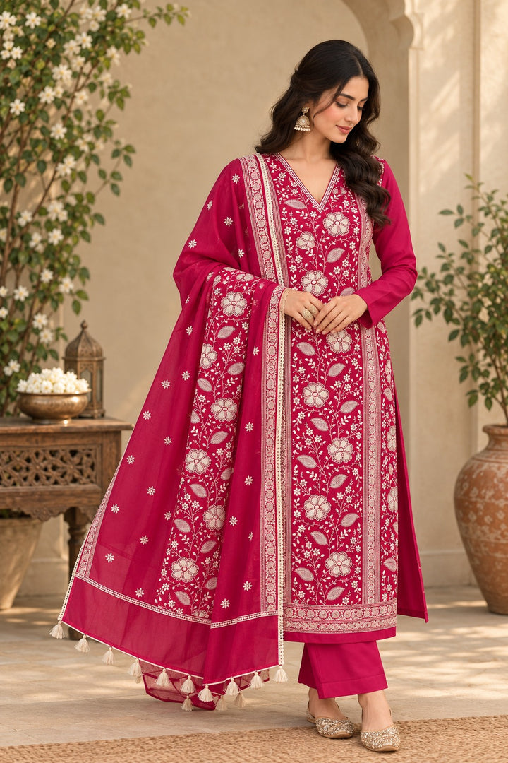 Pure Banarasi Chanderi Silk Suit in Raani Color
