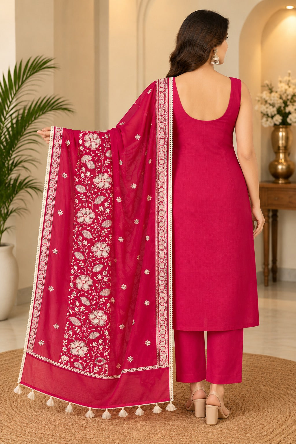 Pure Banarasi Chanderi Silk Suit in Raani Color
