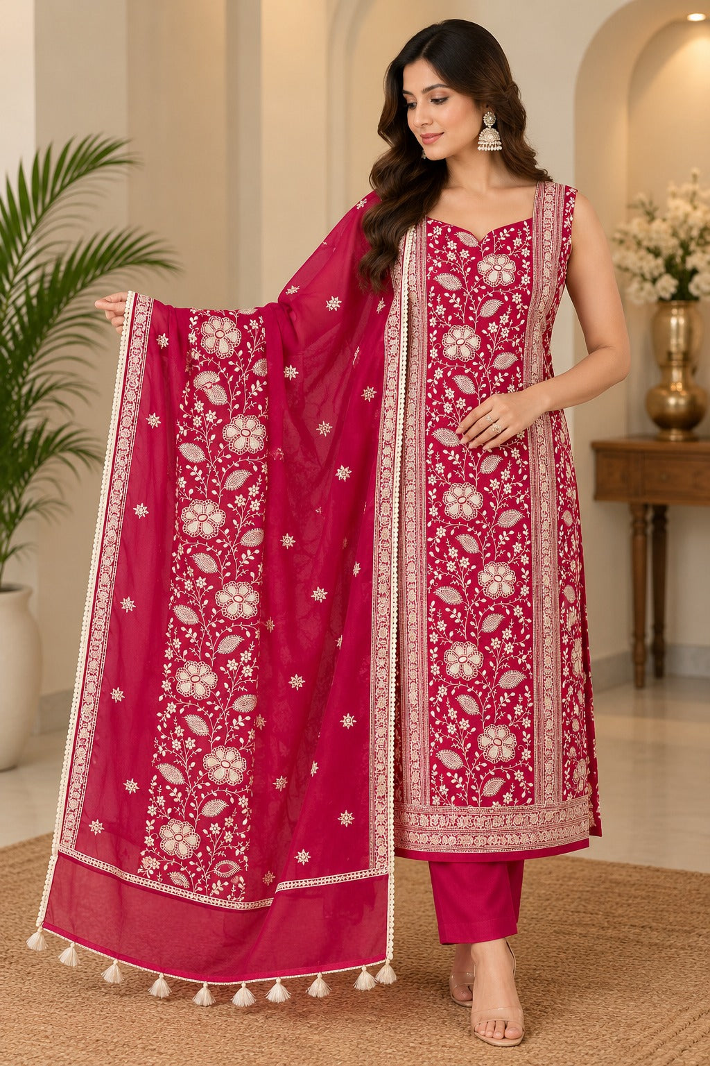 Pure Banarasi Chanderi Silk Suit in Raani Color