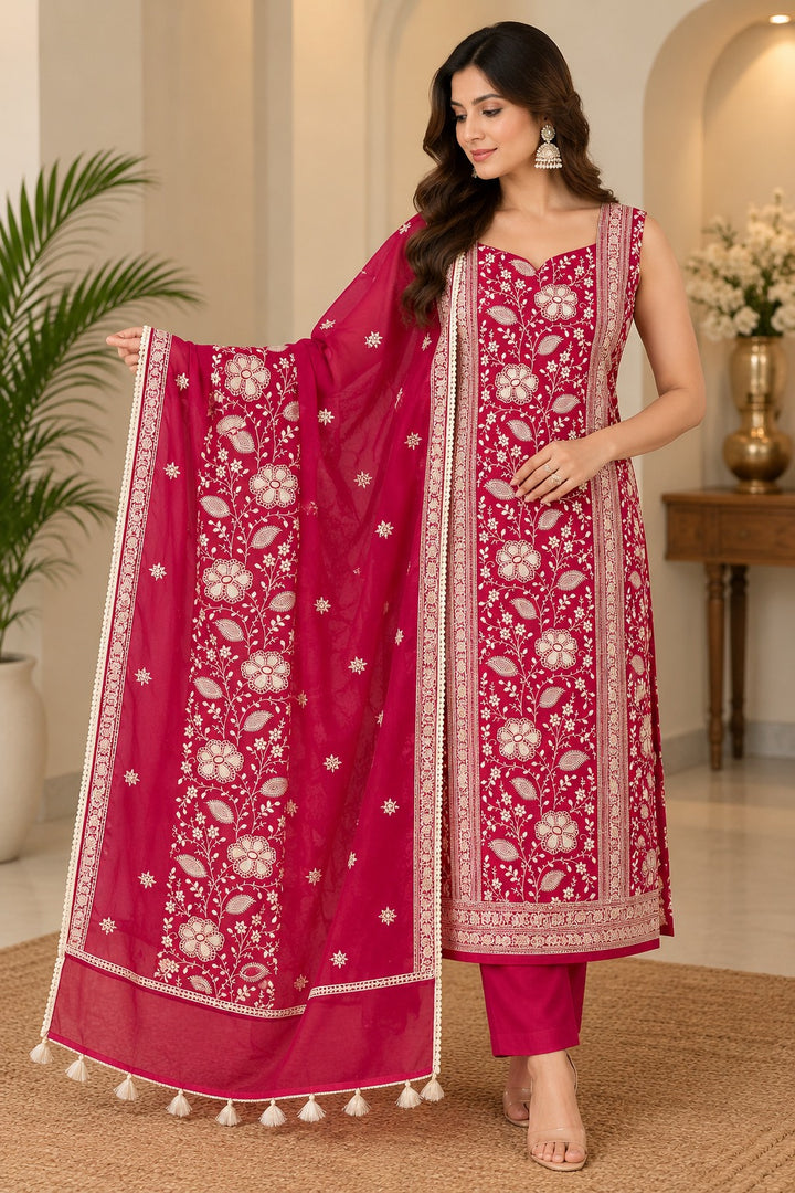 Pure Banarasi Chanderi Silk Suit in Raani Color