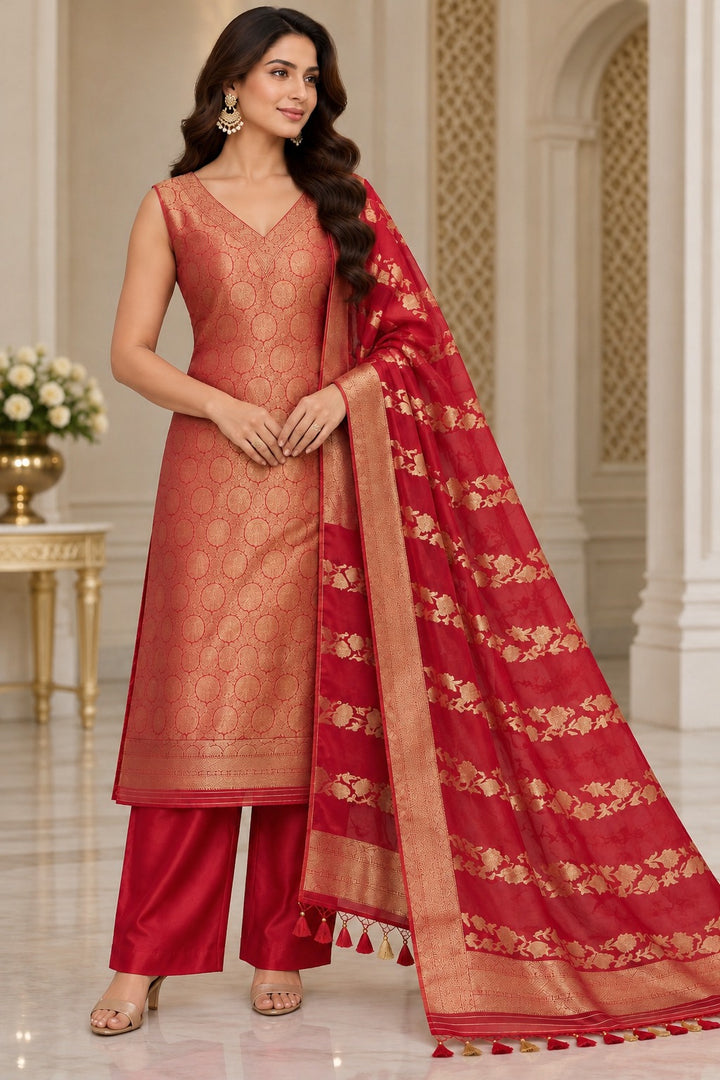 Pure Banarasi Brocade Suit in Red Color With Organza Dupatta