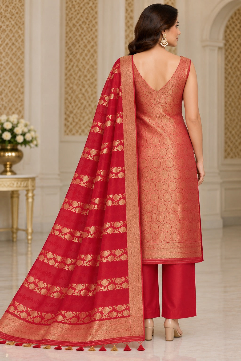 Pure Banarasi Brocade Suit in Red Color With Organza Dupatta