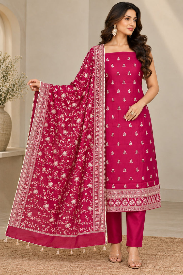 Pure Banarasi Chanderi Silk Suit in Raani Color