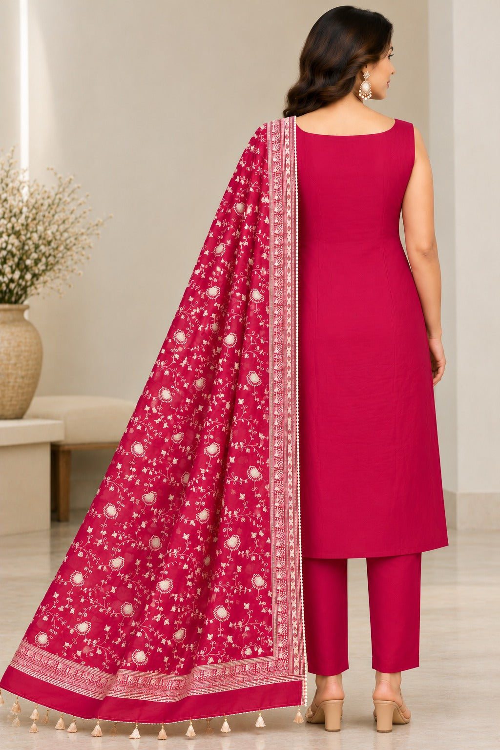 Pure Banarasi Chanderi Silk Suit in Raani Color