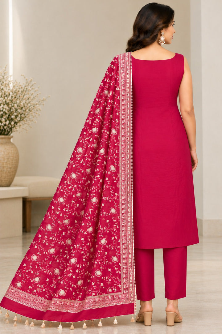 Pure Banarasi Chanderi Silk Suit in Raani Color