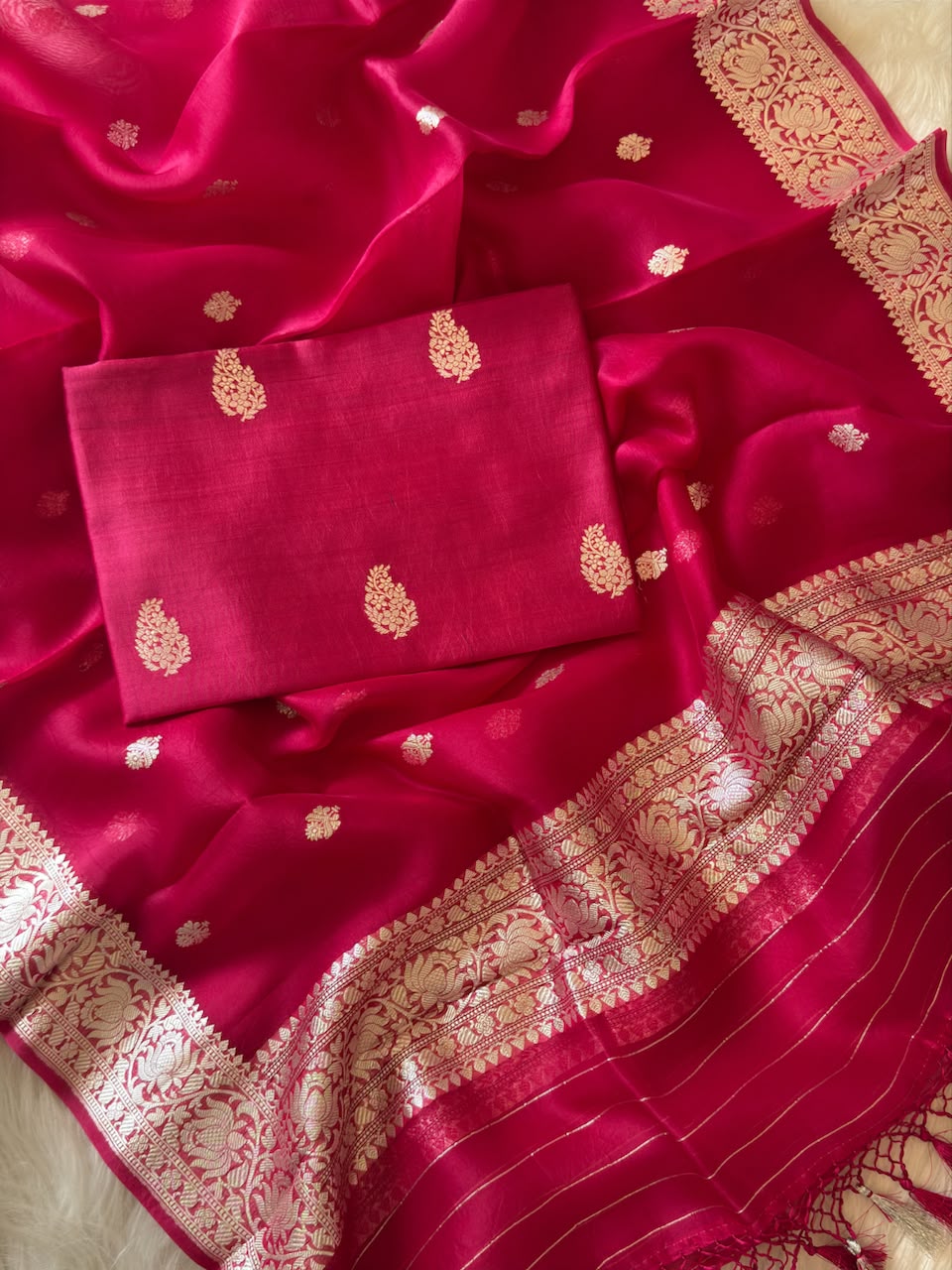 Pure Banarasi Kora Organza Unstitched Suit With Khadwa Work and Chiniya Dupatta