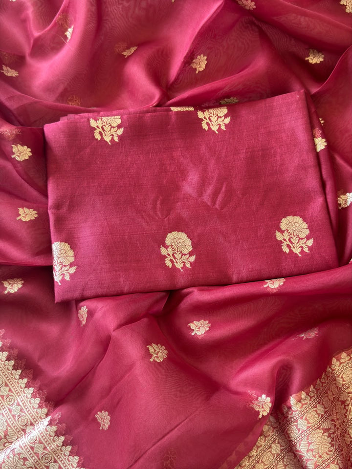 Pure Banarasi Kora Organza Unstitched Suit With Khadwa Work and Chiniya Dupatta