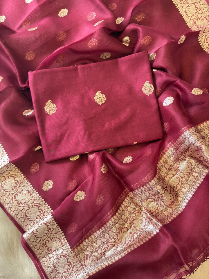 Pure Banarasi Kora Organza Unstitched Suit With Khadwa Work and Chiniya Dupatta