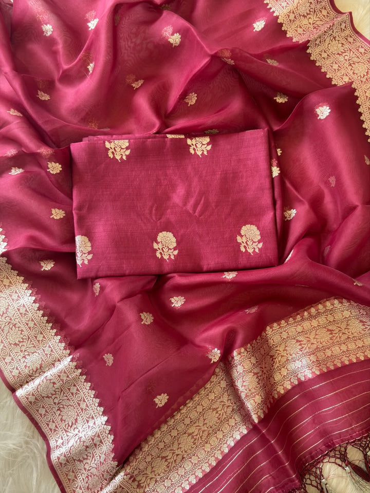 Pure Banarasi Kora Organza Unstitched Suit With Khadwa Work and Chiniya Dupatta