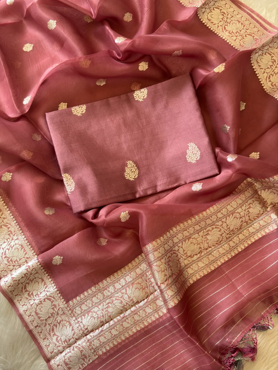 Pure Banarasi Kora Organza Unstitched Suit With Khadwa Work and Chiniya Dupatta
