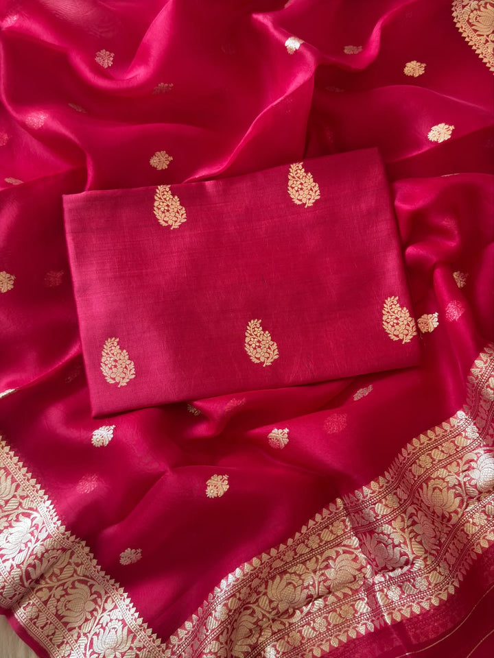 Pure Banarasi Kora Organza Unstitched Suit With Khadwa Work and Chiniya Dupatta