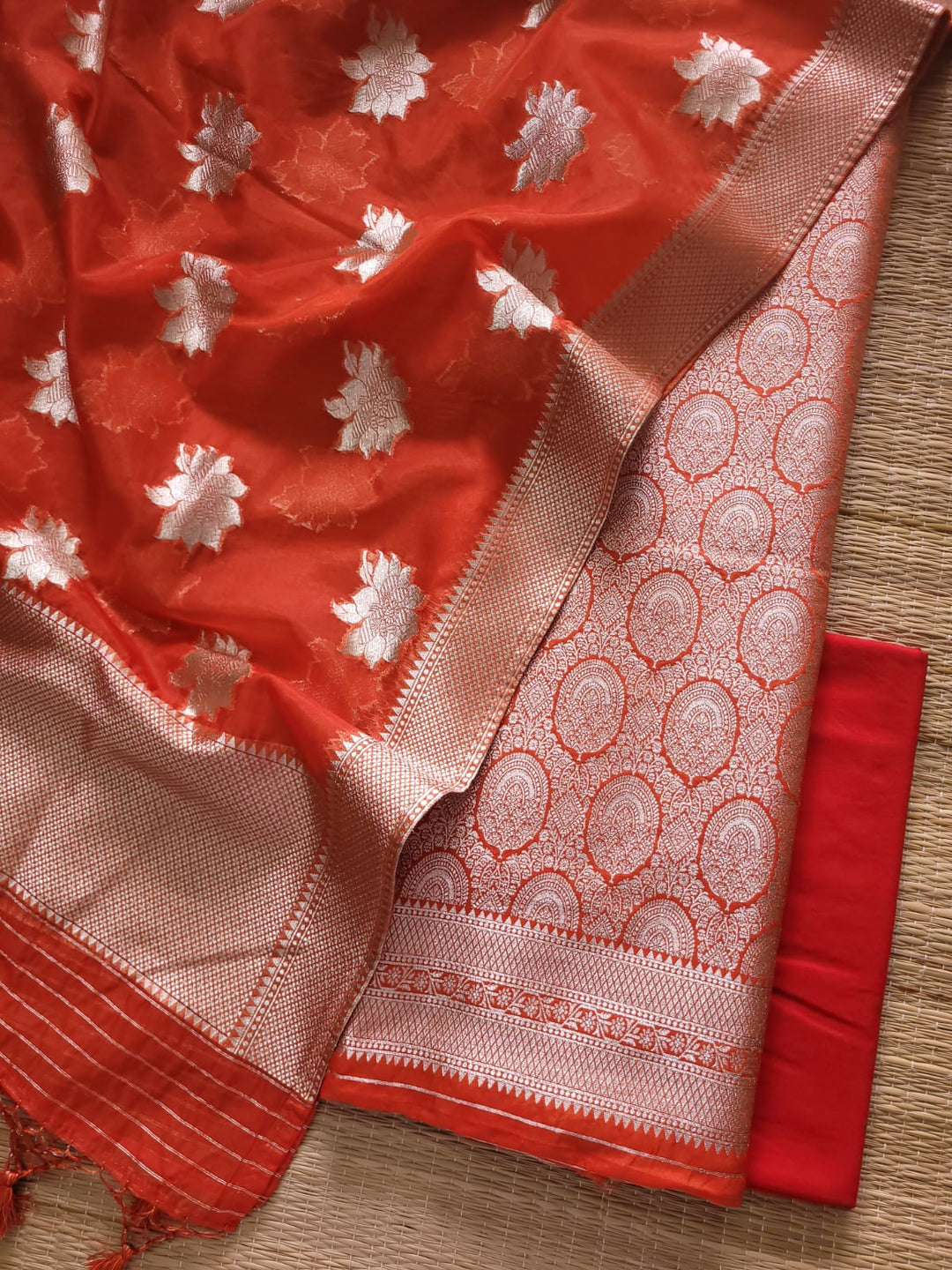 Banarasi Brocade Unstitched Suit With Organza Zari Weaved Dupatta.