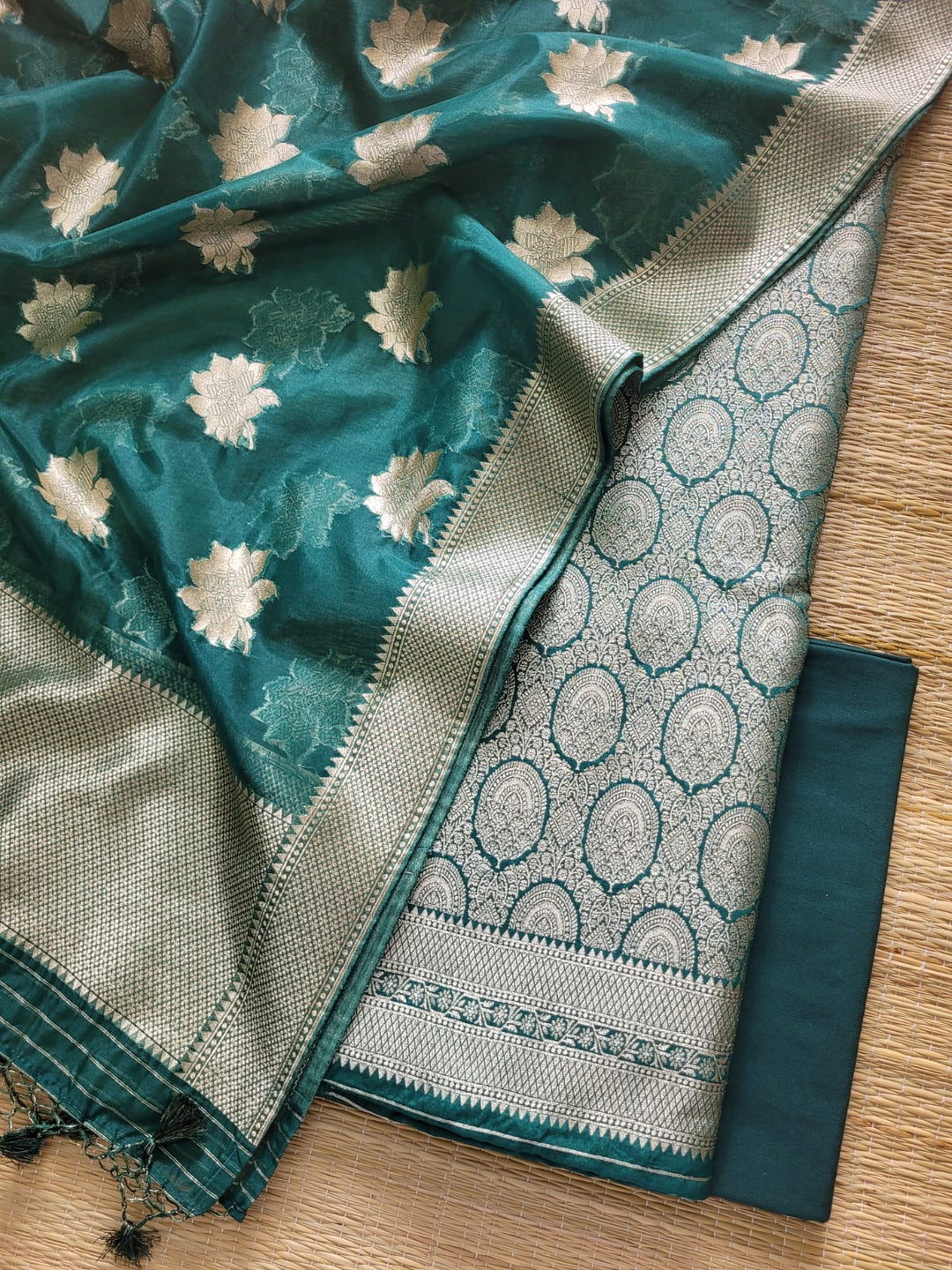Banarasi Brocade Unstitched Suit With Organza Zari Weaved Dupatta.