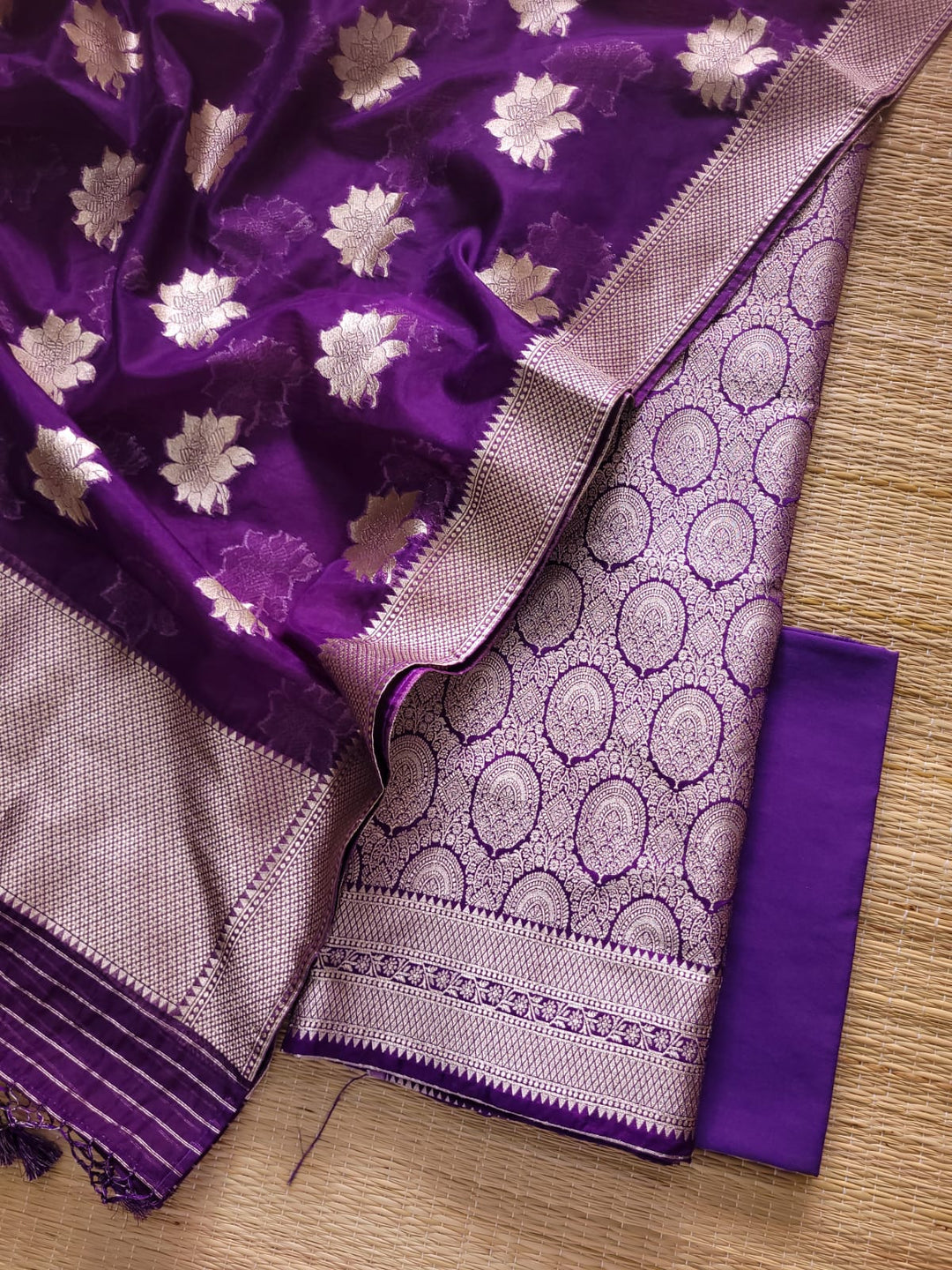 Banarasi Brocade Unstitched Suit With Organza Zari Weaved Dupatta.