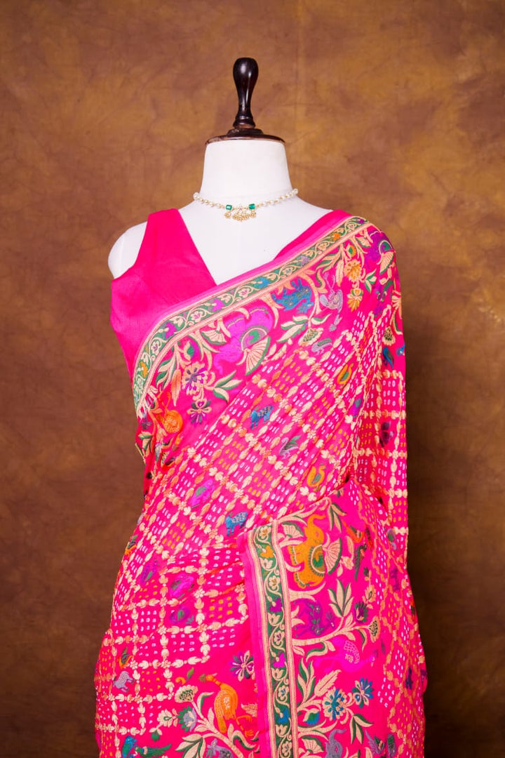 Pure Khaddi georgette Saree With Tilfi Meeanakari Bandhani Work