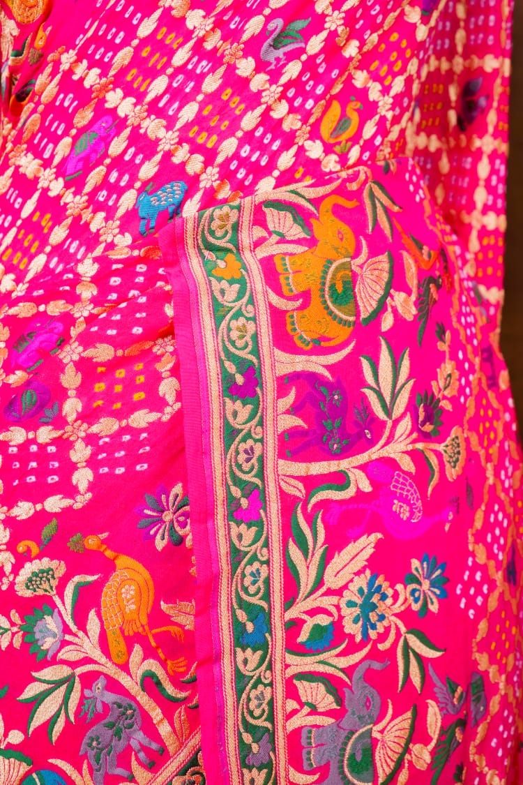 Pure Khaddi georgette Saree With Tilfi Meeanakari Bandhani Work