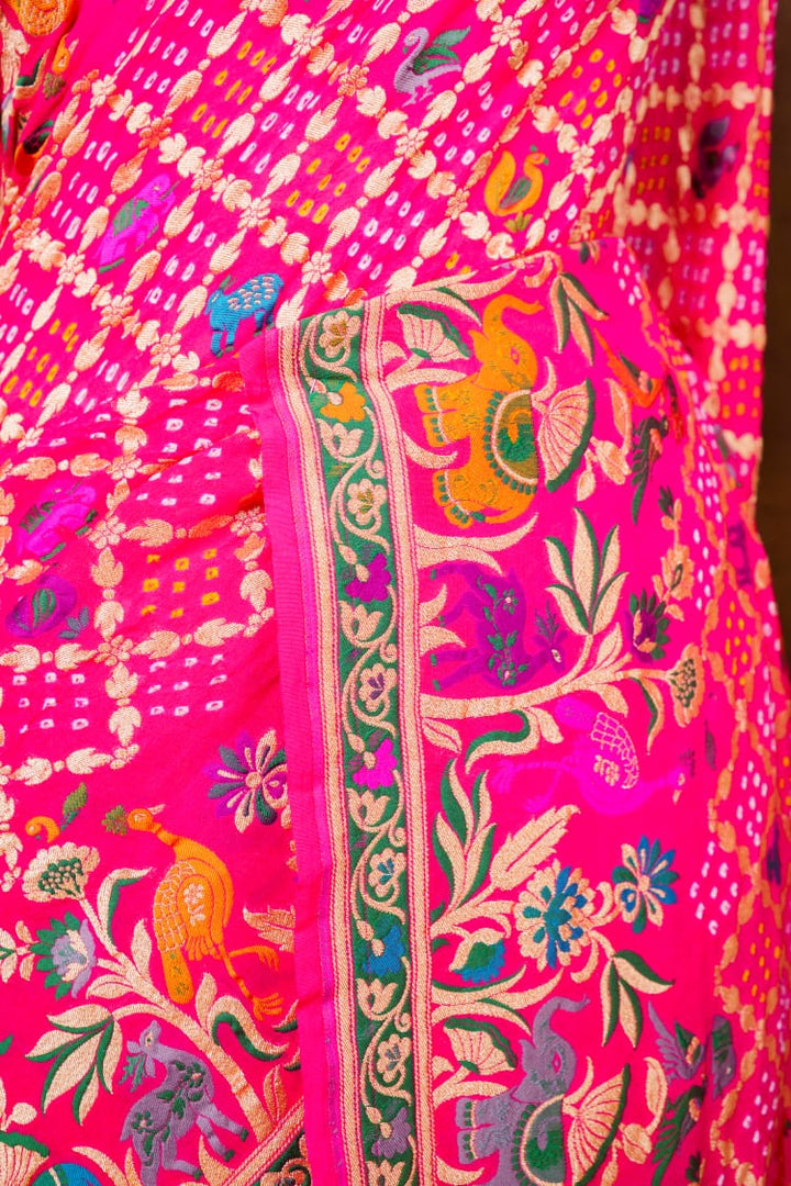 Pure Khaddi georgette Saree With Tilfi Meeanakari Bandhani Work