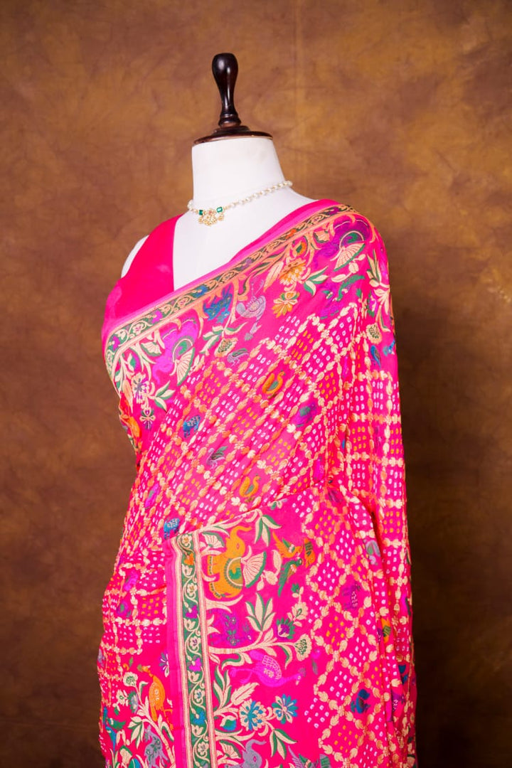 Pure Khaddi georgette Saree With Tilfi Meeanakari Bandhani Work
