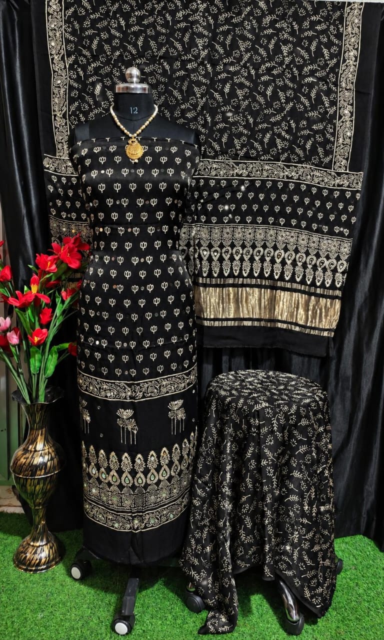 Pure Modal Silk Ajrakh Hand Block & Mirror Work Unstitched Suit .