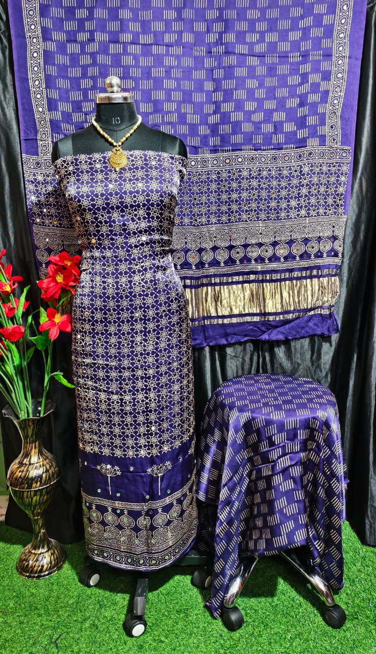Pure Modal Silk Ajrakh Hand Block & Mirror Work Unstitched Suit .