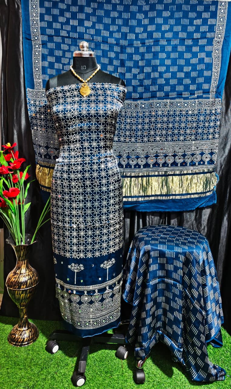 Pure Modal Silk Ajrakh Hand Block & Mirror Work Unstitched Suit .