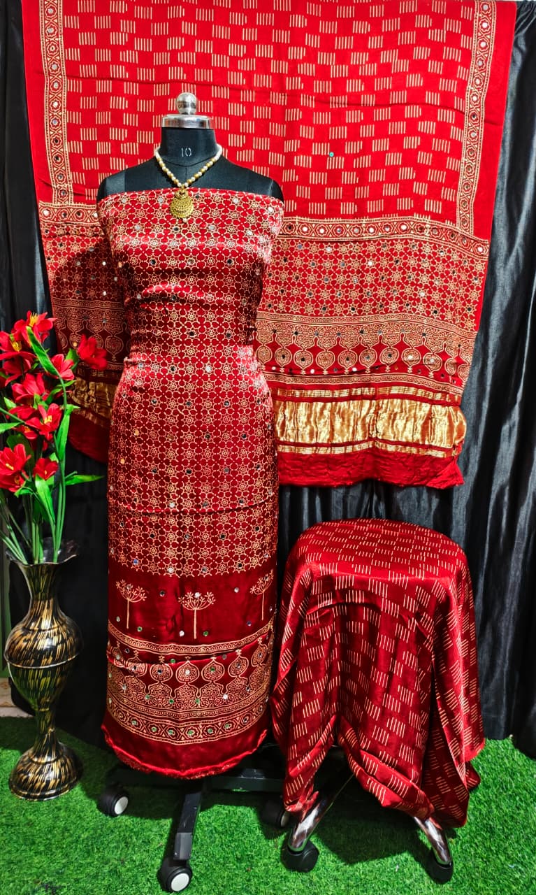 Pure Modal Silk Ajrakh Hand Block & Mirror Work Unstitched Suit .