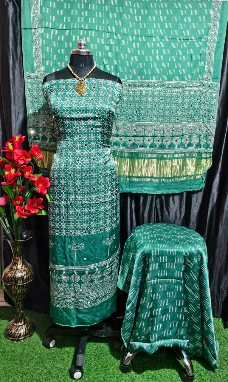 Pure Modal Silk Ajrakh Hand Block & Mirror Work Unstitched Suit .