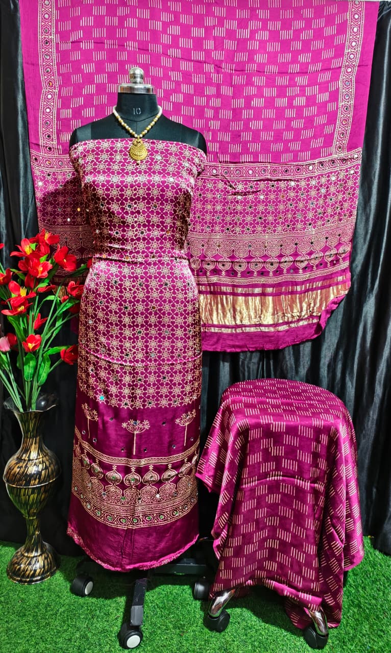 Pure Modal Silk Ajrakh Hand Block & Mirror Work Unstitched Suit .