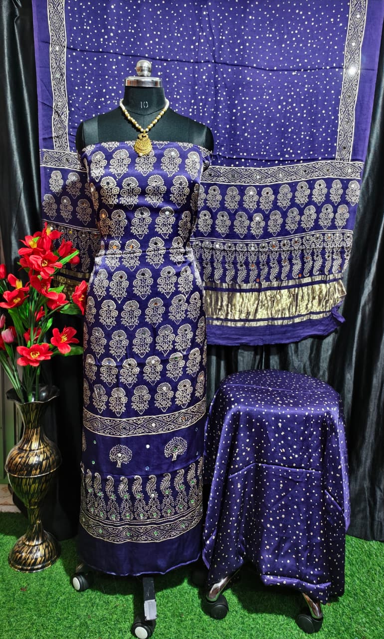 Pure Modal Silk Ajrakh Hand Block & Mirror Work Unstitched Suit .