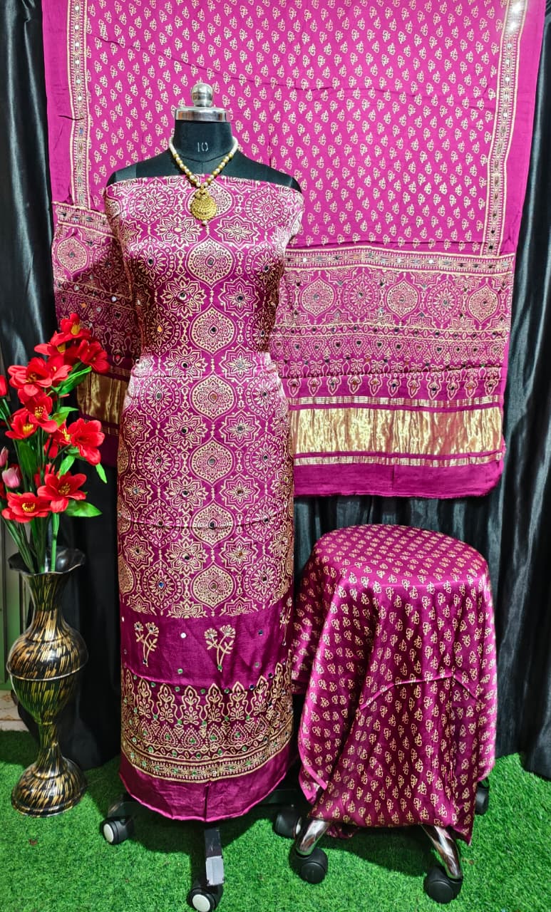Pure Modal Silk Ajrakh Hand Block & Mirror Work Unstitched Suit .