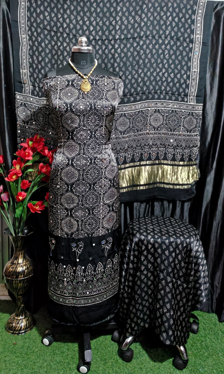 Pure Modal Silk Ajrakh Hand Block & Mirror Work Unstitched Suit .