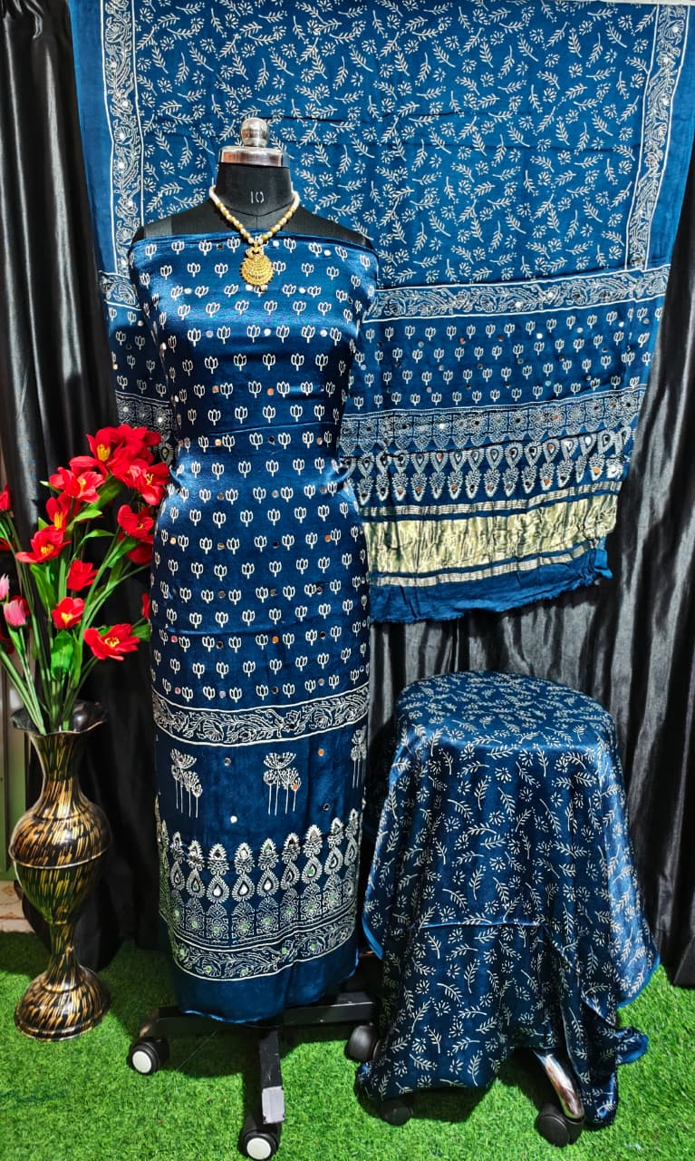 Pure Modal Silk Ajrakh Hand Block & Mirror Work Unstitched Suit .