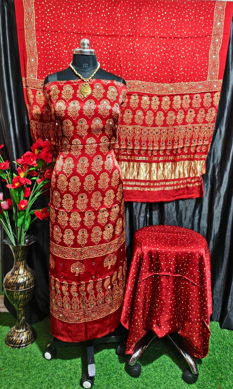 Pure Modal Silk Ajrakh Hand Block & Mirror Work Unstitched Suit .