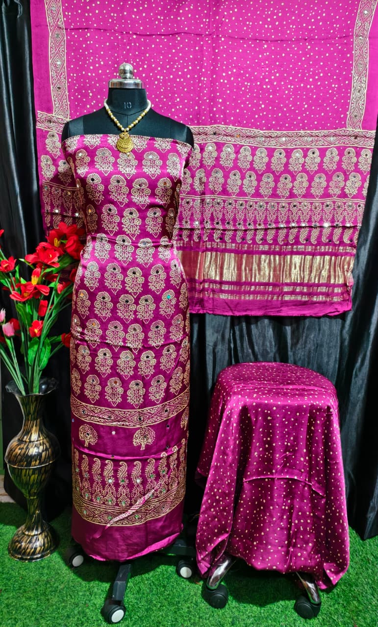 Pure Modal Silk Ajrakh Hand Block & Mirror Work Unstitched Suit .