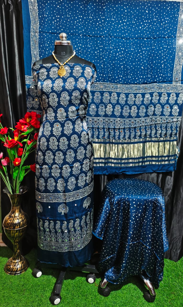 Pure Modal Silk Ajrakh Hand Block & Mirror Work Unstitched Suit .