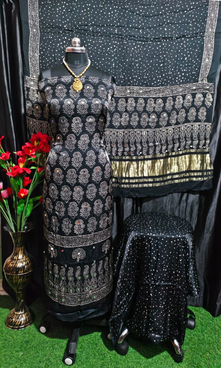 Pure Modal Silk Ajrakh Hand Block & Mirror Work Unstitched Suit .
