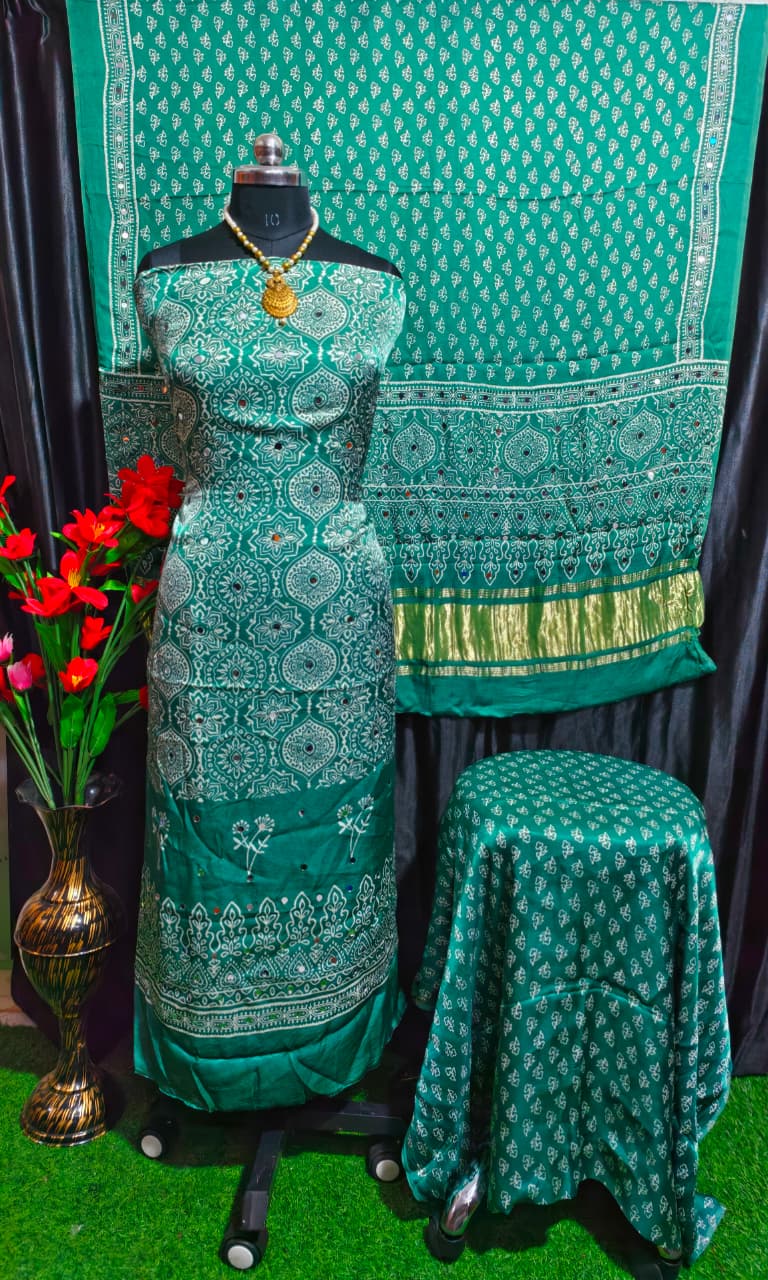 Pure Modal Silk Ajrakh Hand Block & Mirror Work Unstitched Suit .