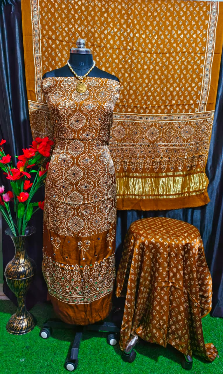 Pure Modal Silk Ajrakh Hand Block & Mirror Work Unstitched Suit .