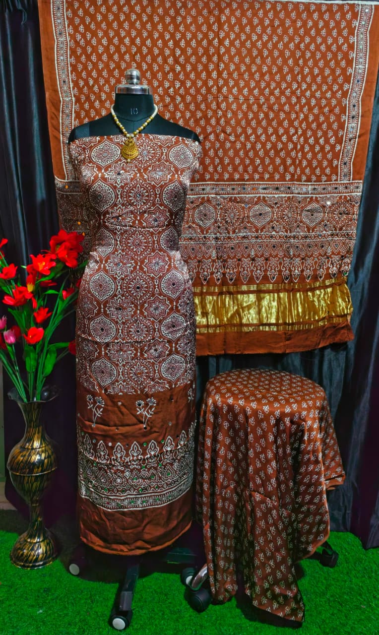 Pure Modal Silk Ajrakh Hand Block & Mirror Work Unstitched Suit .